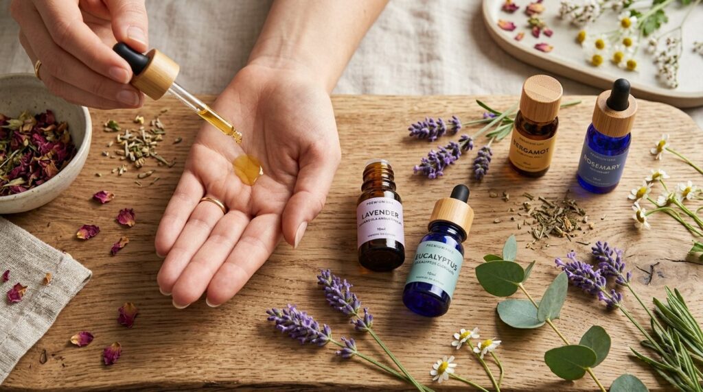 Overhead flat lay composition of premium essential oil bottl